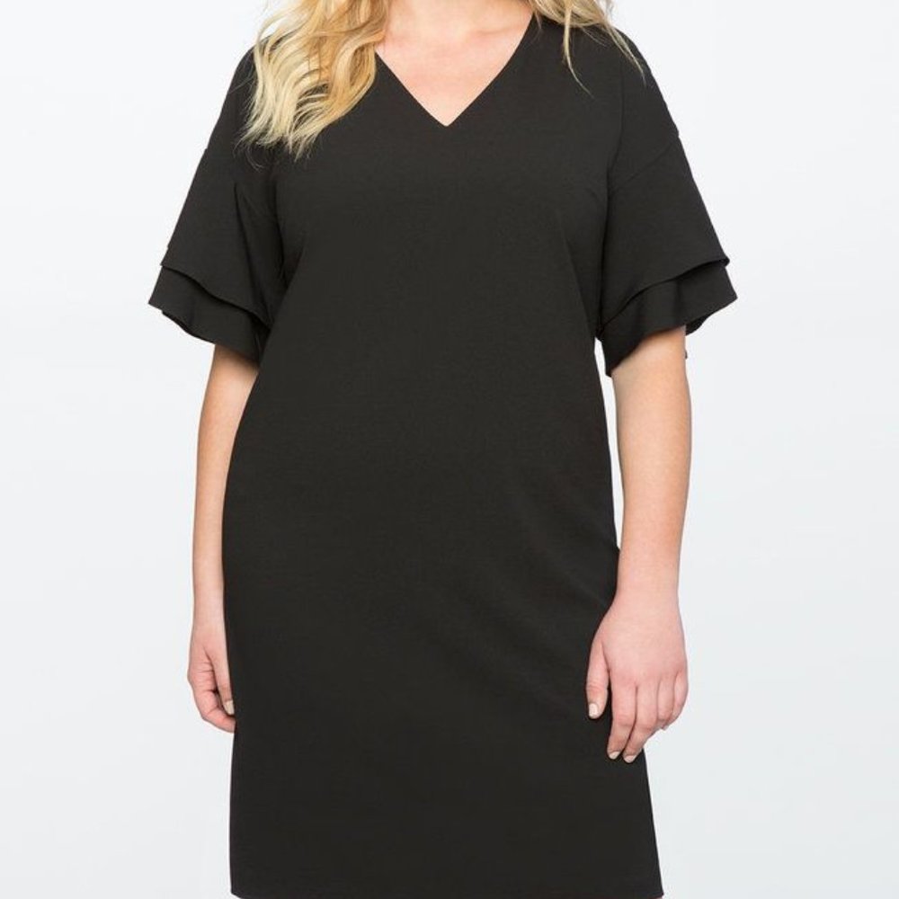 SIZE:20 ELOQUII BLACK KNEE LENGTH DRESS W/V-NECK AND LAYERED FLUTTER SLEEVE